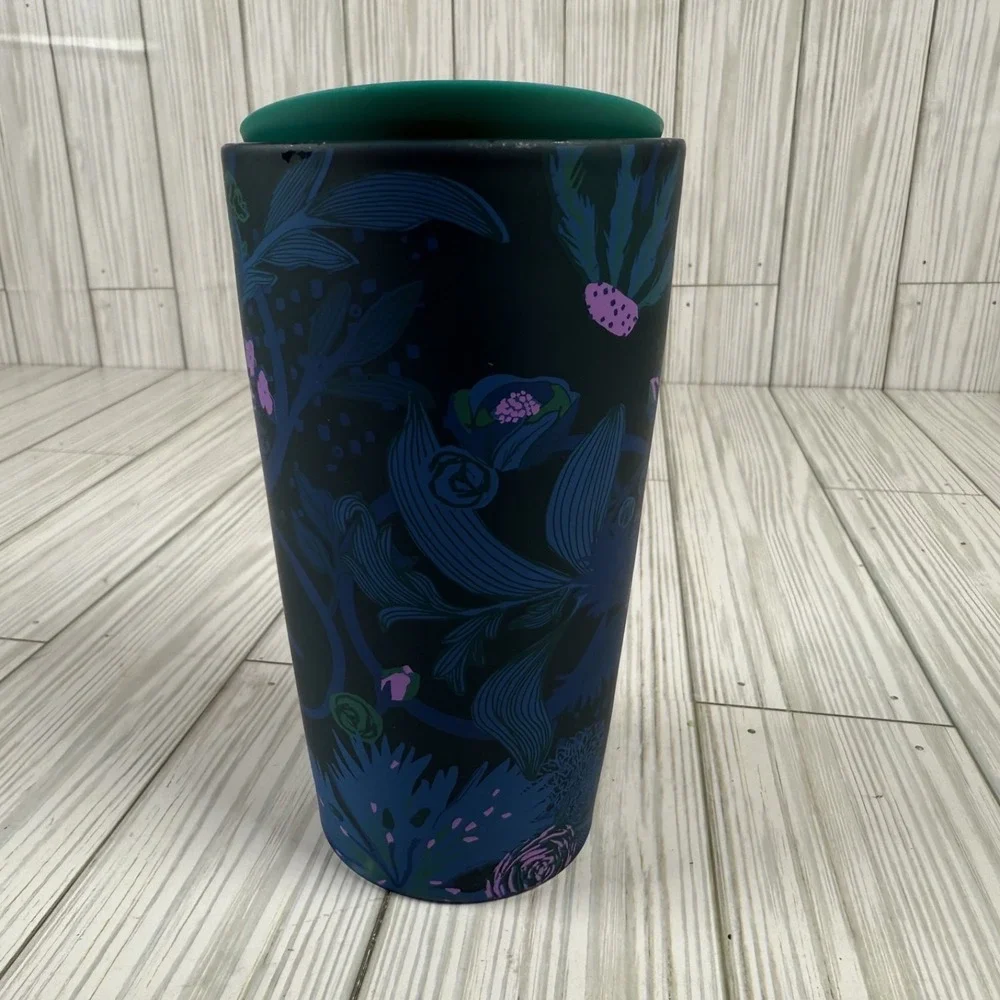 Starbucks Blue Peacock Rising Floral Ceramic  Coffee‎ Travel Tumbler 12oz